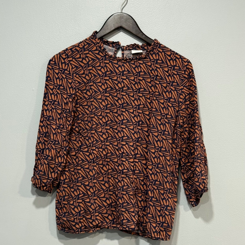Jacqueline de Yong JDY Blouse Sz 38 US 6 Abstract Geometric Print Ruffle‎ Neck